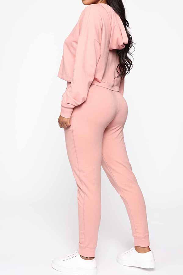 Solid Crop Top Hoodie Jogger Pants Two Piece Set For Women