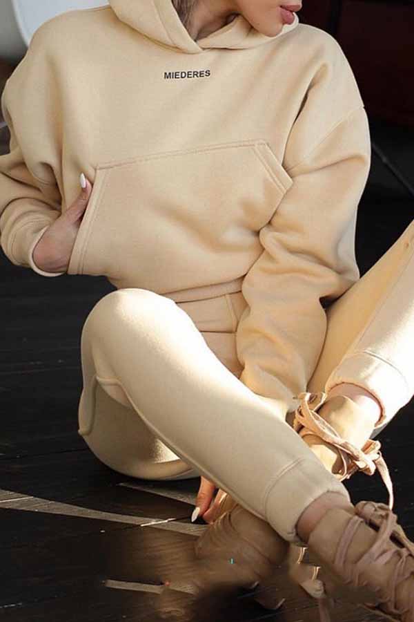 Women Casual Tracksuit Solid Cropped Hoodie Jogger Sweatpants Set