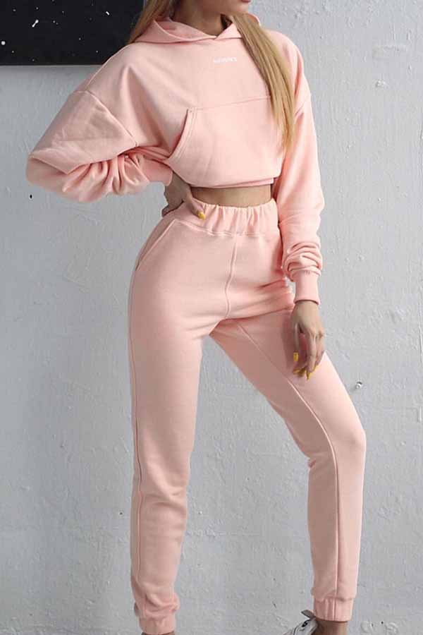 Crop Hoodie High Waisted Pants Two Piece Outfit For Women
