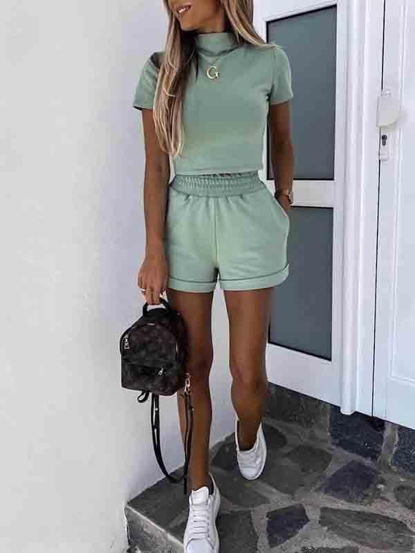 Womens Crop Top And Shorts 2 Piece Bodycon Set