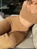 Womens Three Piece Crop Top Fuzzy Lounge Set Sleepwear