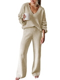 Women Ribbed Tracksuit 2 Piece Leisure Suit V Neck Sweatsuit Lounge Pajamas Set