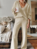 Women Ribbed Tracksuit 2 Piece Leisure Suit V Neck Sweatsuit Lounge Pajamas Set