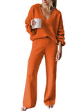 Women Ribbed Tracksuit 2 Piece Leisure Suit V Neck Sweatsuit Lounge Pajamas Set