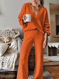 Women Ribbed Tracksuit 2 Piece Leisure Suit V Neck Sweatsuit Lounge Pajamas Set