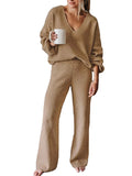 Women Ribbed Tracksuit 2 Piece Leisure Suit V Neck Sweatsuit Lounge Pajamas Set