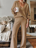 Women Ribbed Tracksuit 2 Piece Leisure Suit V Neck Sweatsuit Lounge Pajamas Set