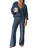 Women Ribbed Tracksuit 2 Piece Leisure Suit V Neck Sweatsuit Lounge Pajamas Set