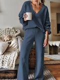 Women Ribbed Tracksuit 2 Piece Leisure Suit V Neck Sweatsuit Lounge Pajamas Set