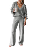 Women Ribbed Tracksuit 2 Piece Leisure Suit V Neck Sweatsuit Lounge Pajamas Set