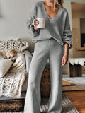 Women Ribbed Tracksuit 2 Piece Leisure Suit V Neck Sweatsuit Lounge Pajamas Set