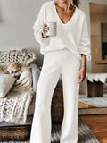 Women Ribbed Tracksuit 2 Piece Leisure Suit V Neck Sweatsuit Lounge Pajamas Set