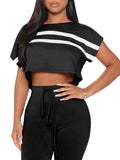Crew Neck Stripe Crop Sweatshirt Drawstring Waist Pants Jogging Suits