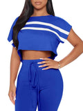 Crew Neck Stripe Crop Sweatshirt Drawstring Waist Pants Jogging Suits