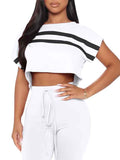 Crew Neck Stripe Crop Sweatshirt Drawstring Waist Pants Jogging Suits