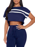 Crew Neck Stripe Crop Sweatshirt Drawstring Waist Pants Jogging Suits