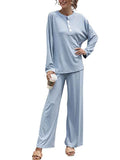 Two Piece Round Neck Button Down Pajamas Sets For Women