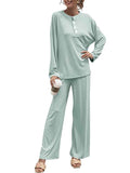 Two Piece Round Neck Button Down Pajamas Sets For Women