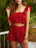 Women's 2 Piece Outfits Square Neck Ruffle Polka Dot Crop Top With Shorts