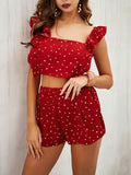 Tenues 2 pièces pour femmes, haut court à pois à volants et à encolure carrée avec short