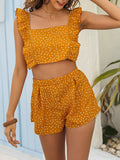 Tenues 2 pièces pour femmes, haut court à pois à volants et à encolure carrée avec short