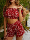 Été fleuri épaules dénudées haut court taille haute short tenues deux pièces