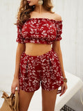 Été fleuri épaules dénudées haut court taille haute short tenues deux pièces