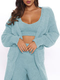 Women's Fuzzy 3 Piece Sweatsuit Cardigan Crop Lounge Sets