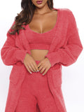 Women's Fuzzy 3 Piece Sweatsuit Cardigan Crop Lounge Sets