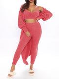 Women's Fuzzy 3 Piece Sweatsuit Cardigan Crop Lounge Sets