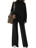 Women's Mock Neck Long Sleeve Wide Leg Pants Two Piece Outfits