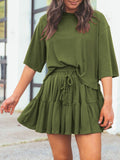 3/4 Sleeve Top Pleated Skirt Two Piece Outfit