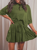 3/4 Sleeve Top Pleated Skirt Two Piece Outfit