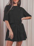3/4 Sleeve Top Pleated Skirt Two Piece Outfit