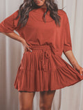 3/4 Sleeve Top Pleated Skirt Two Piece Outfit