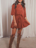 3/4 Sleeve Top Pleated Skirt Two Piece Outfit