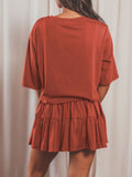3/4 Sleeve Top Pleated Skirt Two Piece Outfit