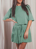 3/4 Sleeve Top Pleated Skirt Two Piece Outfit