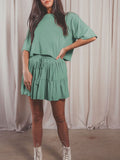 3/4 Sleeve Top Pleated Skirt Two Piece Outfit