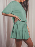 3/4 Sleeve Top Pleated Skirt Two Piece Outfit