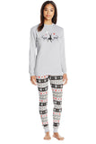 Womens Crew Neck Reindeer Snowflake Printed Christmas Pajama Set Gray