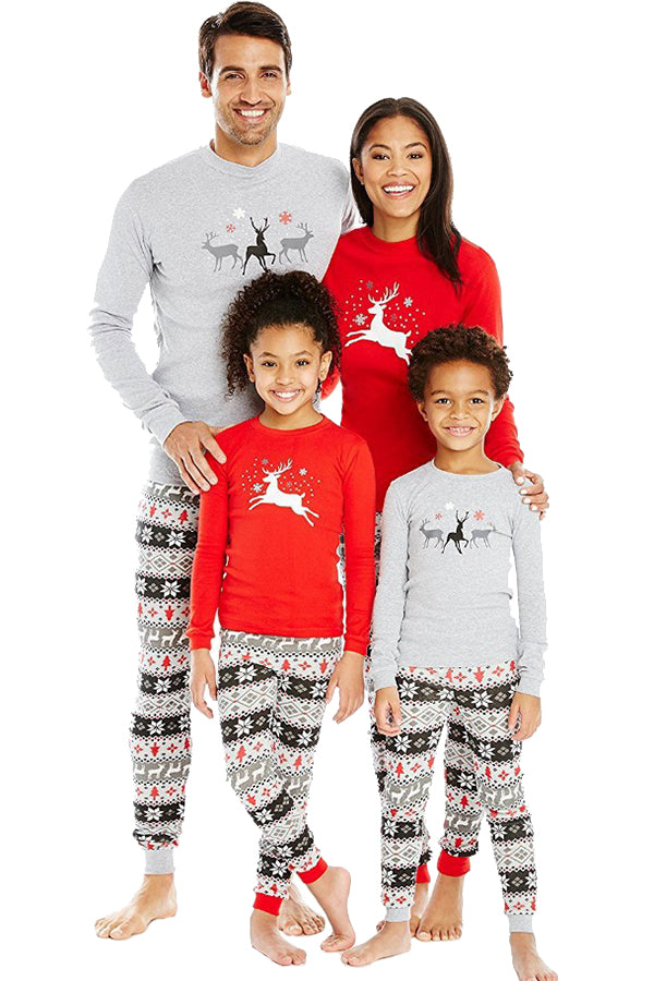 Womens Crew Neck Reindeer Snowflake Printed Christmas Pajama Set Gray