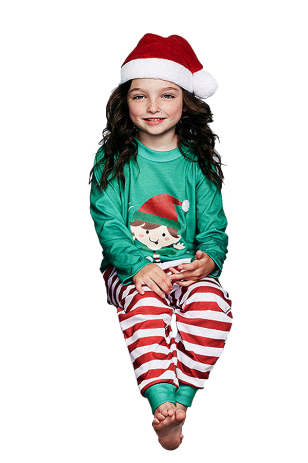 Kids Santa Stripe Printed Christmas Family Pajama Set Light Green