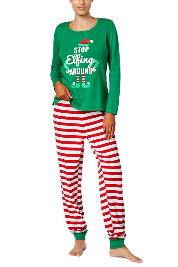 Womens Crew Neck Santa Stripe Printed Christmas Family Pajama Set Red