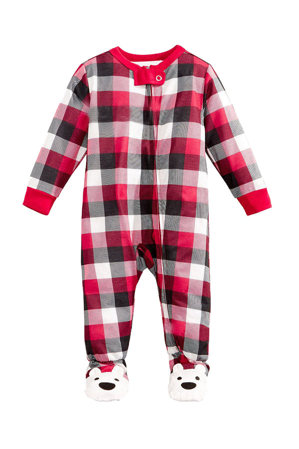 Baby Plaid Bear Printed Family Christmas Footie Pajama Dark Red