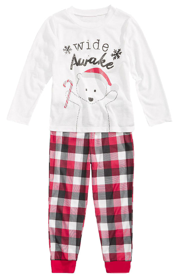 Kids Plaid Bear Snowflake Printed Family Christmas Pajama Set Red