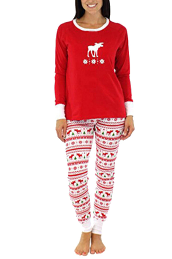 Womens Snowflake Reindeer Printed Family Christmas Pajama Set Dark Red