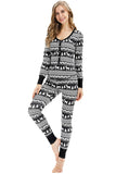 Button Down Front Reindeer&Tree Print Christmas Pajamas Set