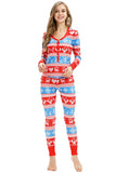Button Down Snowflake&Reindeer Print Christmas Pajamas Set Red