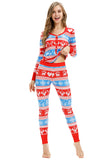 Button Down Snowflake&Reindeer Print Christmas Pajamas Set Red